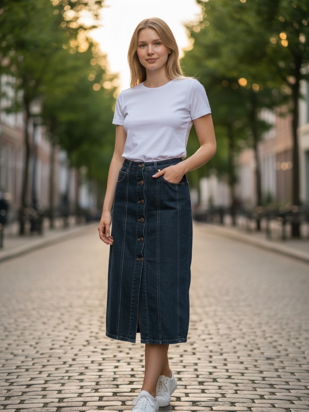Anthropologie Dark Blue Button-Front Denim Midi Skirt